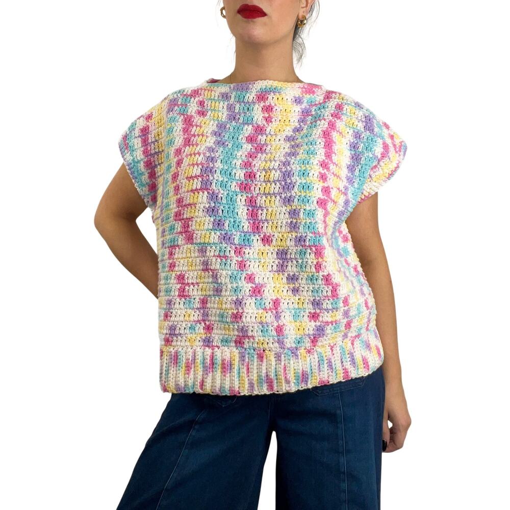 Vintage Handmade Pastel Multicolor Crochet Knit Sleeveless Boxy Sweater Large